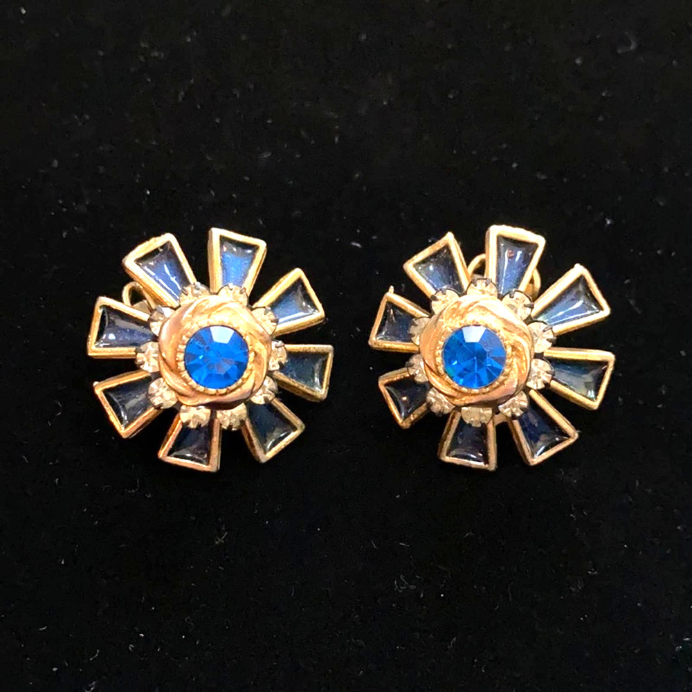 Vintage Blue and Gold Floral Clip-On Earrings